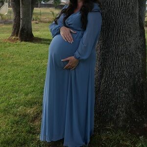 Light blue chiffon long sleeve maxi dress with slit size 14